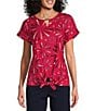 Allison Daley Red Firework Star Print Short Sleeve Keyhole Neckline Knit Top, Color:Red Firework - Image 1