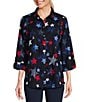 Color:Navy Stars - Image 1 - Star Print 3/4 Roll Tab Sleeve Point Collar Button Front Shirt