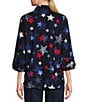 Color:Navy Stars - Image 2 - Star Print 3/4 Roll Tab Sleeve Point Collar Button Front Shirt
