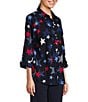 Color:Navy Stars - Image 3 - Star Print 3/4 Roll Tab Sleeve Point Collar Button Front Shirt