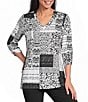 Allison Daley Texture Patchwork Print 3/4 Sleeve V-Neck Knit Top - Image 1