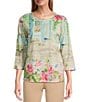 Allison Daley Town Country Border Print 3/4 Sleeve Crew Neck Knit Top, Color:Town Country Border - Image 1
