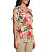 Color:Tropical Floral Border - Image 3 - Tropical Floral Border Print Short Tie Ruched Sleeve Crew Neck Gauze Knit Top