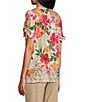 Color:Tropical Floral Border - Image 4 - Tropical Floral Border Print Short Tie Ruched Sleeve Crew Neck Gauze Knit Top