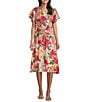 Color:Tropical Floral - Image 1 - Tropical Floral Print Short Flutter Sleeve Tie Neck Yoryu Midi Dress