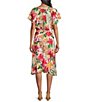 Color:Tropical Floral - Image 2 - Tropical Floral Print Short Flutter Sleeve Tie Neck Yoryu Midi Dress