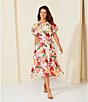 Color:Tropical Floral - Image 4 - Tropical Floral Print Short Flutter Sleeve Tie Neck Yoryu Midi Dress