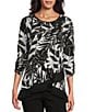Allison Daley Tropical Shadow Print 3/4 Ruched Sleeve Crew Neck Ruffle Hem Knit Top, Color:Black/White Tropical Shadow - Image 1
