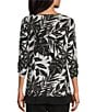 Allison Daley Tropical Shadow Print 3/4 Ruched Sleeve Crew Neck Ruffle Hem Knit Top, Color:Black/White Tropical Shadow - Image 2