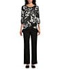 Allison Daley Tropical Shadow Print 3/4 Ruched Sleeve Crew Neck Ruffle Hem Knit Top, Color:Black/White Tropical Shadow - Image 3