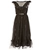 Color:Black - Image 1 - Big Girls 7-16 Flutter-Sleeve Sparkle Mesh Belted Midi Dress