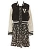 Color:Black - Image 1 - Big Girls 7-16 Long Sleeve Varsity Jacket & Sleeveless Floral-Printed Fit-And-Flare Dress Set