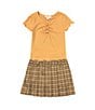 Color:Tan - Image 1 - Big Girls 7-16 Short Sleeve 3 Button Henley With Merrow Edge Top and Plaid Skirt 2-Piece Set