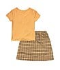 Color:Tan - Image 2 - Big Girls 7-16 Short Sleeve 3 Button Henley With Merrow Edge Top and Plaid Skirt 2-Piece Set