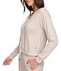 Color:Twine - Image 3 - Hacci Solid Knit V-Neck Long Sleeve Half Button Front Coordinating Boxy Top