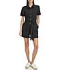 Color:Black - Image 1 - Knit Twill Point Collar Short Sleeve Utility Romper