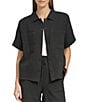 Color:Black - Image 1 - Short Sleeve Point Collar Gauzy Woven Camp Button Front Top