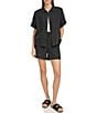 Color:Black - Image 3 - Short Sleeve Point Collar Gauzy Woven Camp Button Front Top