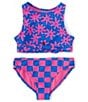Color:Pink/Blue - Image 1 - Big Girls 7-16 Flower Print Tankni Top & Checked Hipster Bottom 2-Piece Swimsuit