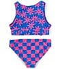 Color:Pink/Blue - Image 2 - Big Girls 7-16 Flower Print Tankni Top & Checked Hipster Bottom 2-Piece Swimsuit