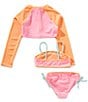 Angel Beach Big Girls Sleeveless Halter Top & Matching Hipster Bottom & Raglan-Sleeve Cropped Rash Guard Top Set, Color:Light Pink - Image 2