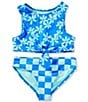 Angel Beach Big Girls Wild Daisy Printed Tankini Top & Checked Hipster Bottom Two-Piece Swimsuit, Color:Aqua - Image 1