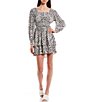 Color:Black/White - Image 1 - Blouson Long Sleeve Ditsy Floral Print Smocked Waist Tiered Peasant Dress