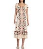 Angie Floral Print Short Sleeve Emma Bodice Tiered Hem Midi Dress, Color:Ivory - Image 1
