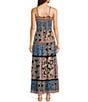 Angie Patchwork Print V-Neck Spaghetti Strap Knot Front Tiered Crochet Trim Maxi Dress, Color:Black Blue - Image 2