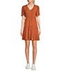 Color:Copper - Image 1 - Printed Short Sleeve Tiered Fit & Flare Dress