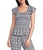 Angie Printed Smocked Square Neck Ruffle Sleeve Cropped Top - Image 1