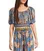 Angie Scoop Floral Print Neck Flutter Sleeve Coordinating Crop Top, Color:Blue - Image 1