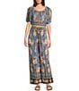 Angie Scoop Floral Print Neck Flutter Sleeve Coordinating Crop Top, Color:Blue - Image 3