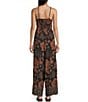 Angie Sleeveless Large Floral/Border Print Keyhole Knot Front Wide Leg Jumpsuit, Color:Black - Image 2