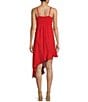 Color:Red - Image 2 - Sleeveless Rosette Trim Bodice Asymmetrical Hem Dress