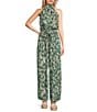Color:Green - Image 3 - Tie Waist Coordinating Small Tropical Leaf Print Split Leg Pants