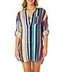 Anne Cole Barcode Multi Color Stripe Point Collar Roll-Tab Button Front Shirt Dress Swim Cover-Up, Color:Multi Color - Image 1