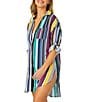 Anne Cole Barcode Multi Color Stripe Point Collar Roll-Tab Button Front Shirt Dress Swim Cover-Up, Color:Multi Color - Image 3