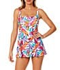 Color:White Print - Image 1 - Dance Floor Palm Print Square Neck Underwire Swim Dress One Piece Swimsuit