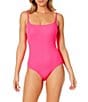 Color:Pink Punch - Image 1 - Live In Color Solid Texture Maillot Pucker Rib Scoop Neck One Piece Swimsuit