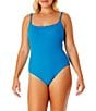 Color:Cerulean - Image 1 - Live In Color Solid Texture Maillot Pucker Rib Scoop Neck One Piece Swimsuit