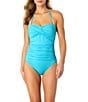 Anne Cole Live In Color Twist Front Shirred Bandeau Removable Strap One Piece Swimsuit, Color:AQUA - Image 3