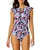 Color:Floral Multi - Image 1 - Meadow Bouquet Ditsy Floral Print High Neck Flutter Sleeve Zip Front One-Piece Swimsuit