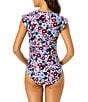 Color:Floral Multi - Image 2 - Meadow Bouquet Ditsy Floral Print High Neck Flutter Sleeve Zip Front One-Piece Swimsuit
