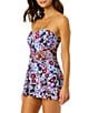 Color:Multi Color - Image 3 - Meadow Bouquet Ditsy Floral Print Strapless Mesh Inset Skirted One Piece Swim Dress