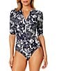 Color:Navy/White - Image 1 - Midnight Floral Print High Neck Elbow Sleeve Zip Front One Piece Swimsuit