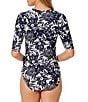 Color:Navy/White - Image 2 - Midnight Floral Print High Neck Elbow Sleeve Zip Front One Piece Swimsuit