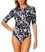 Color:Navy/White - Image 3 - Midnight Floral Print High Neck Elbow Sleeve Zip Front One Piece Swimsuit