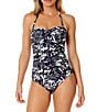 Color:Navy White - Image 1 - Midnight Floral Print Sweetheart Neck Twist Front One Piece Swimsuit