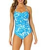 Color:Blue White - Image 1 - Midnight Floral Print Sweetheart Neck Twist Front One Piece Swimsuit